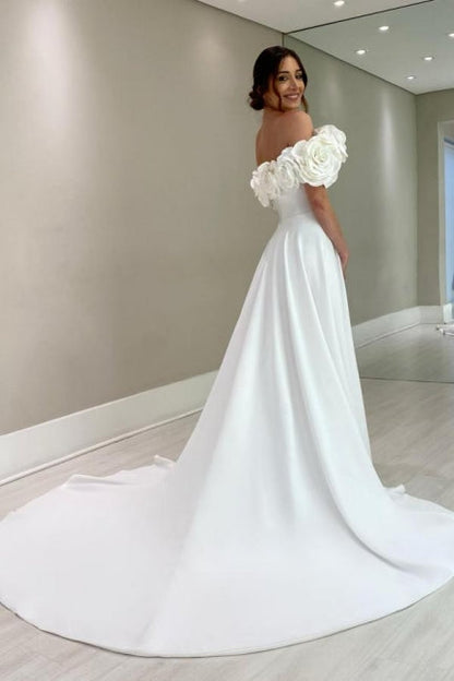 Designer A-Line Satin Off-The-Shoulder Sleeveless White Wedding Dresses With Split