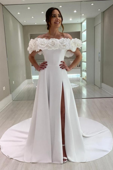 Designer A-Line Satin Off-The-Shoulder Sleeveless White Wedding Dresses With Split
