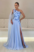 Vestido de gasa de diseñador para madre de la novia, corte A, un hombro, sin mangas, para dama de honor, con apliques y abertura