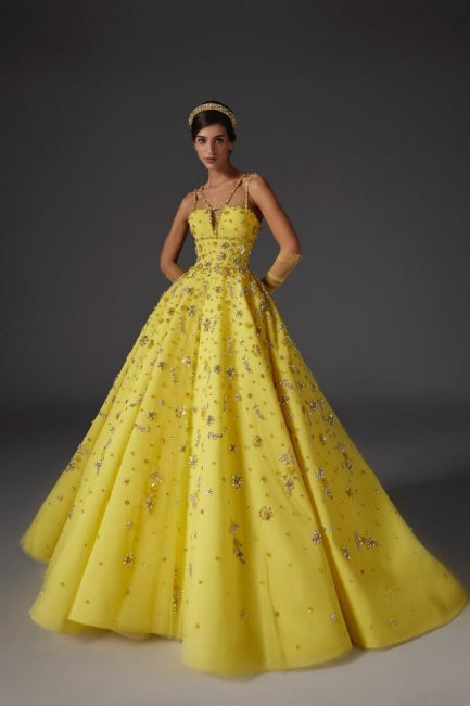 Vestidos de fiesta amarillos sin mangas con escote en V y satén de diseñador con cuentas