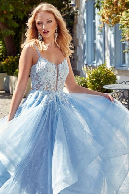 Designer A-Linie Tüll Satin U-Ausschnitt Ärmelloses Ballkleid mit Strass