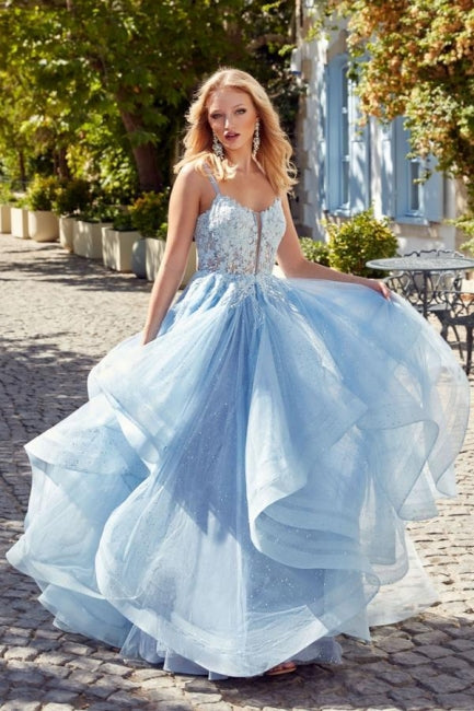 Designer A-Linie Tüll Satin U-Ausschnitt Ärmelloses Ballkleid mit Strass