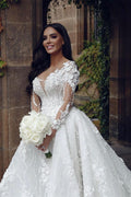 Vestido de novia de diseñador, corte A, blanco, mangas largas, apliques de encaje y cola