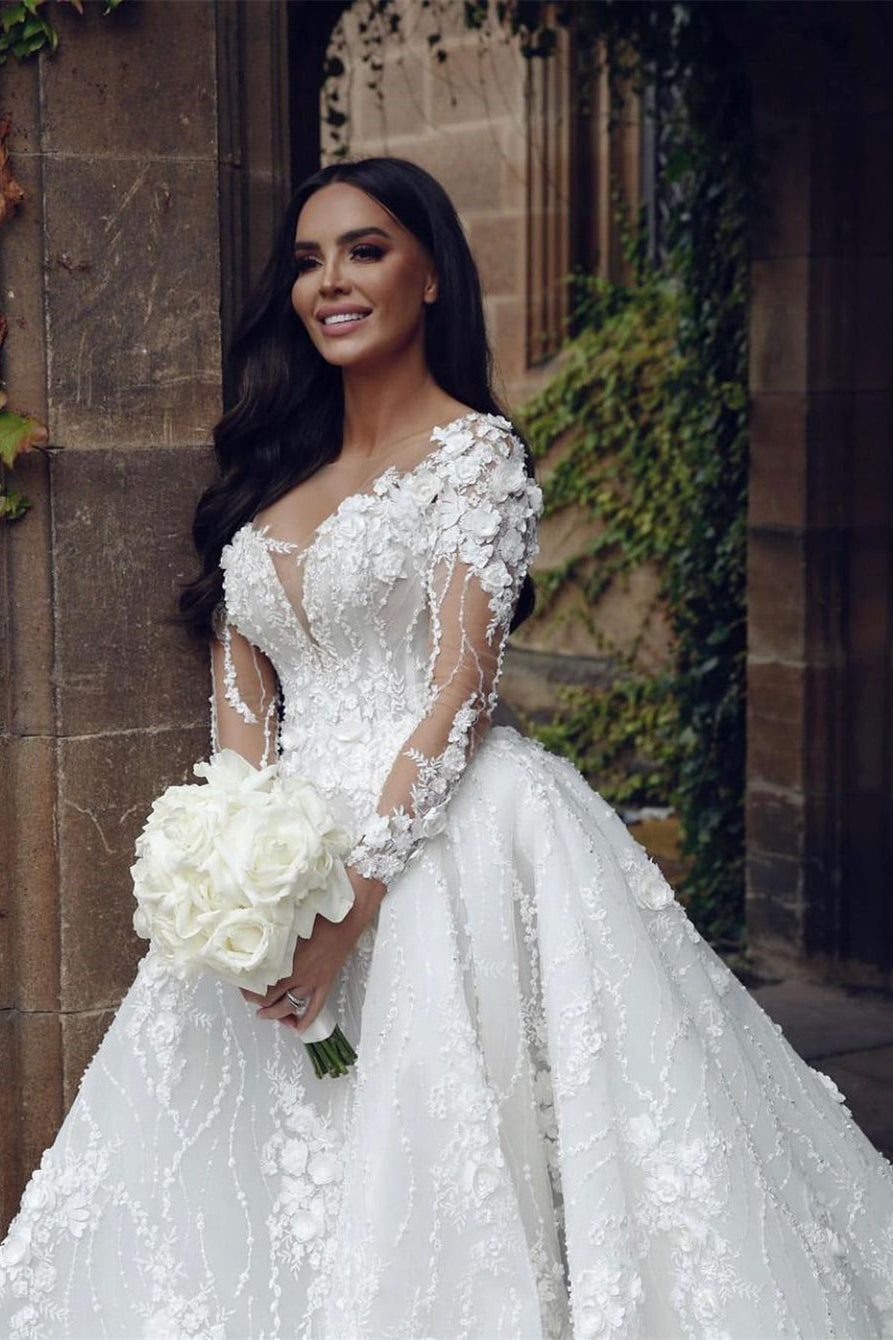 Vestido de novia de diseñador, corte A, blanco, mangas largas, apliques de encaje y cola