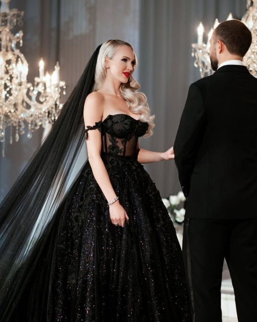 Designer Black A-Line Off-the-shoulder Glitter Wedding Dresses With Lace