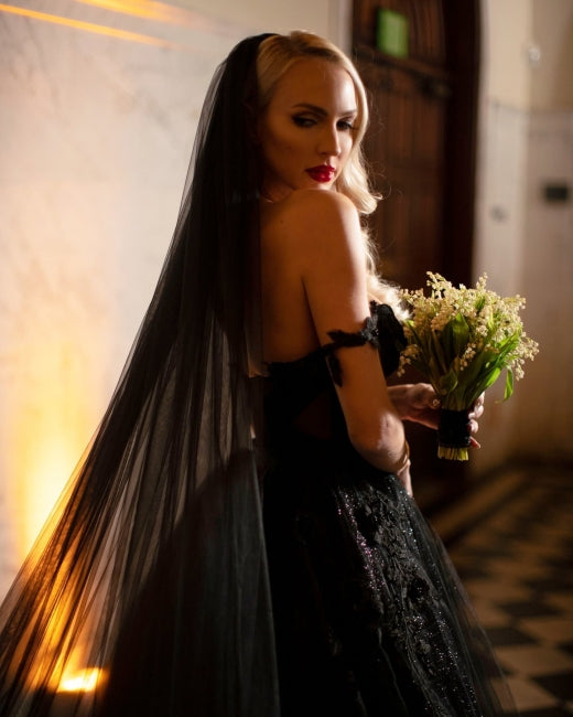 Designer Black A-Line Off-the-shoulder Glitter Wedding Dresses With Lace
