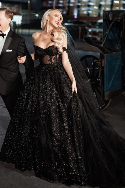 Designer Black A-Line Off-the-shoulder Glitter Wedding Dresses With Lace