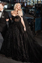 Designer Black A-Line Off-the-shoulder Glitter Wedding Dresses With Lace