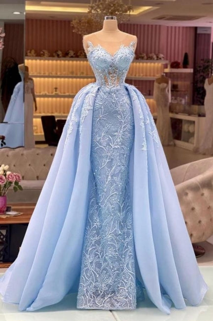 Designer Blue Long Lace Prom Dresses Evening Gowns With Detachable Train