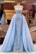 Vestidos de fiesta largos de encaje azul de diseñador, vestidos de noche con cola desmontable