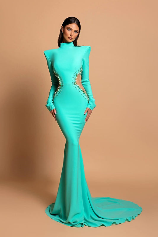 Designer-Ballkleid aus Satin mit hohem Halsausschnitt, langen Ärmeln und Perlen