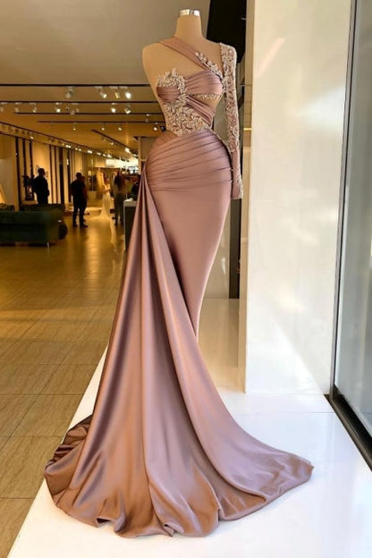 Designer-Säulen-Satin-Ballkleid mit einer Schulter und langen Ärmeln und Rüschen