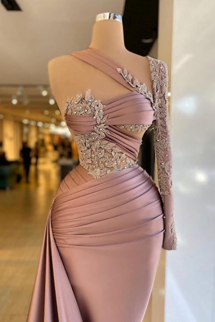 Designer-Säulen-Satin-Ballkleid mit einer Schulter und langen Ärmeln und Rüschen
