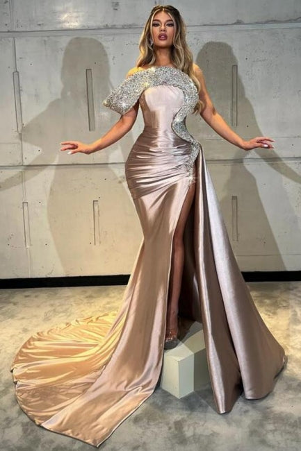 Designer-Säulen-Ballkleid aus Satin mit einer Schulter und ärmellosem Schlitz vorne