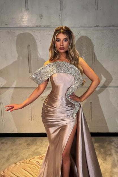 Designer-Säulen-Ballkleid aus Satin mit einer Schulter und ärmellosem Schlitz vorne
