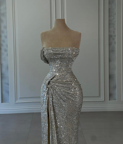Designer-Säulen-Ballkleider mit Pailletten, trägerlos, ärmellos und Rüschen