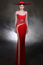 Vestidos de fiesta rojos sin mangas con un hombro al descubierto de tul y satén con diseño de columna y cuentas