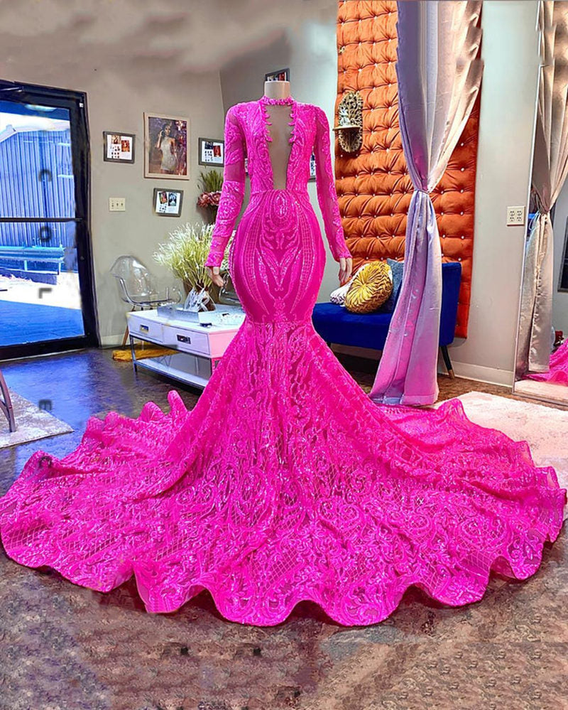 Vestido de fiesta largo de sirena con escote en V y mangas largas en fucsia de diseñador