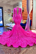 Vestido de fiesta largo de sirena con escote en V y mangas largas en fucsia de diseñador