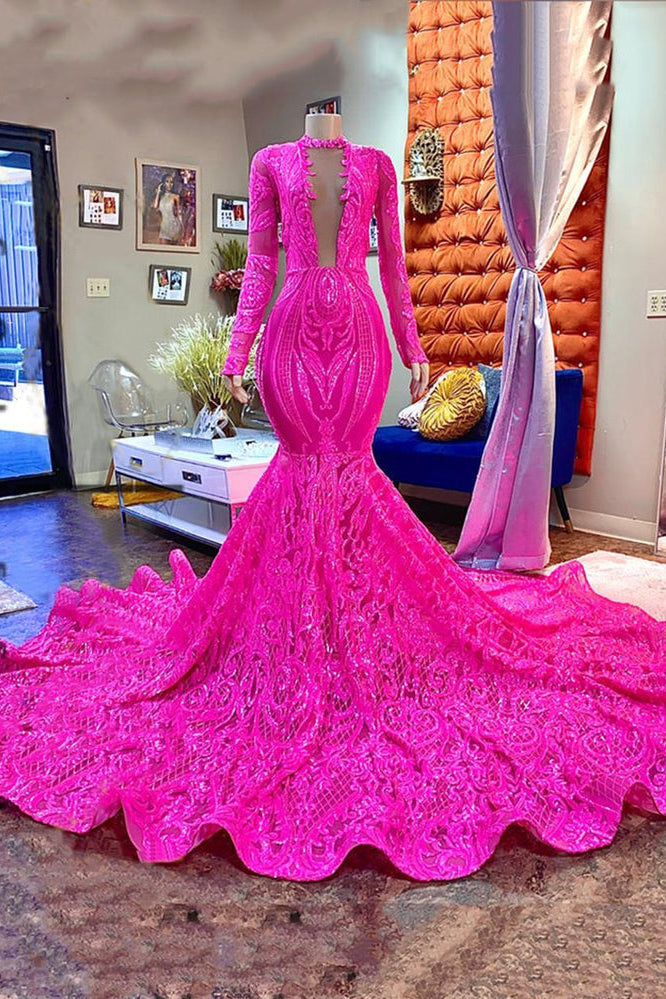 Vestido de fiesta largo de sirena con escote en V y mangas largas en fucsia de diseñador