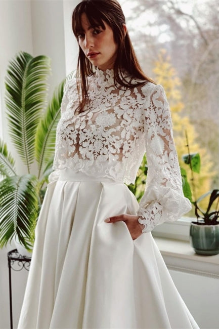 Designer Lange A-Linie Stehkragen Spitze Brautkleider Mit Langen Ärmeln