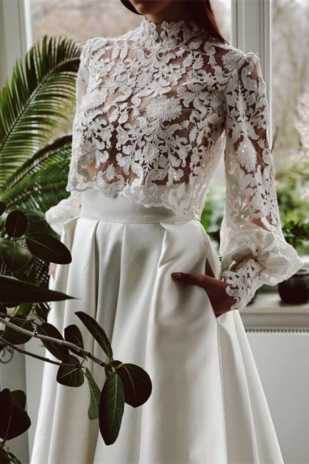 Designer Lange A-Linie Stehkragen Spitze Brautkleider Mit Langen Ärmeln