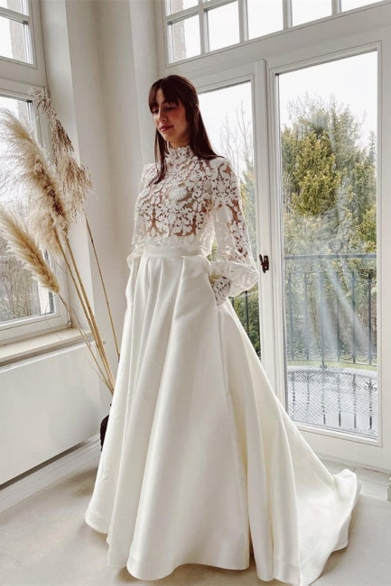 Designer Lange A-Linie Stehkragen Spitze Brautkleider Mit Langen Ärmeln