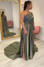 Vestidos de noche largos de diseñador con abertura en forma de A y encaje con manga larga