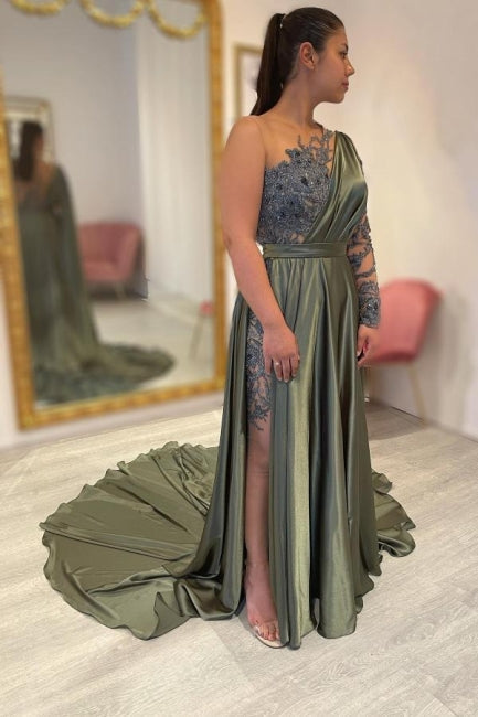 Vestidos de noche largos de diseñador con abertura en forma de A y encaje con manga larga