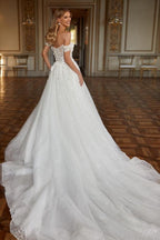 Vestidos de novia de diseñador con encaje, hombros descubiertos, corte A largo y brillo