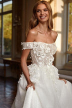 Vestidos de novia de diseñador con encaje, hombros descubiertos, corte A largo y brillo