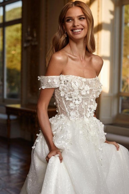Vestidos de novia de diseñador con encaje, hombros descubiertos, corte A largo y brillo