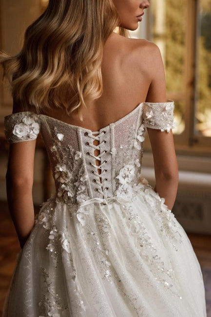 Vestidos de novia de diseñador con encaje, hombros descubiertos, corte A largo y brillo
