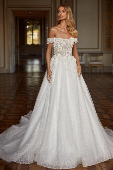 Vestidos de novia de diseñador con encaje, hombros descubiertos, corte A largo y brillo