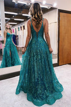 Vestido de fiesta largo de diseño en forma de A con tirantes finos, sin mangas y encaje con abertura