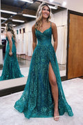 Vestido de fiesta largo de diseño en forma de A con tirantes finos, sin mangas y encaje con abertura
