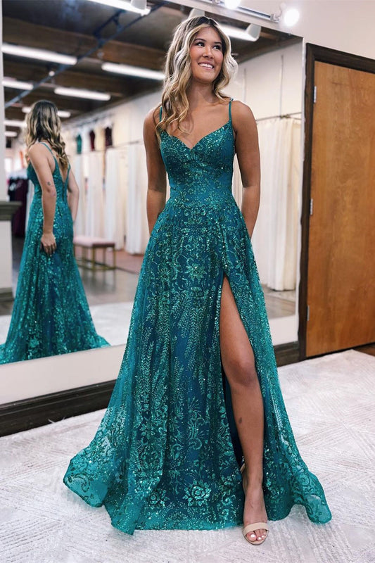 Langes, ärmelloses A-Linien-Ballkleid mit Spaghettiträgern und Spitze und Schlitz