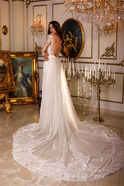 Vestidos de novia de diseñador con escote en V, apliques de encaje y mangas largas