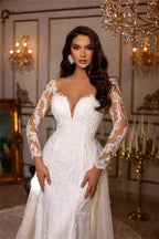 Vestidos de novia de diseñador con escote en V, apliques de encaje y mangas largas