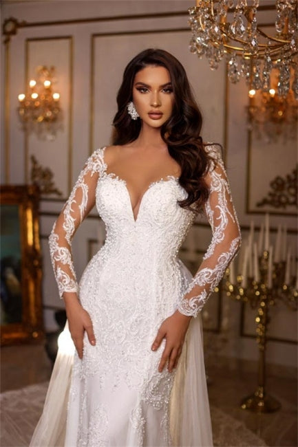 Vestidos de novia de diseñador con escote en V, apliques de encaje y mangas largas