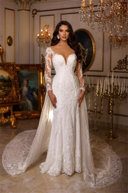 Vestidos de novia de diseñador con escote en V, apliques de encaje y mangas largas