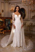 Vestidos de novia de diseñador con escote en V, apliques de encaje y mangas largas
