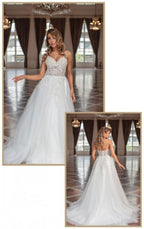 Vestidos de novia de diseñador con escote en V, tul, sin mangas y encaje