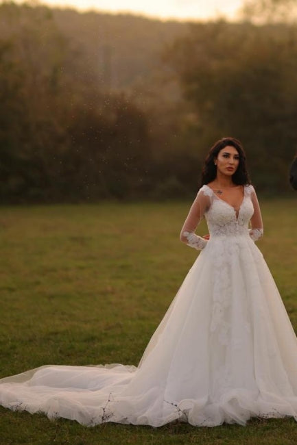 Vestidos de novia de diseñador de encaje blanco, corte A, escote en V y mangas largas