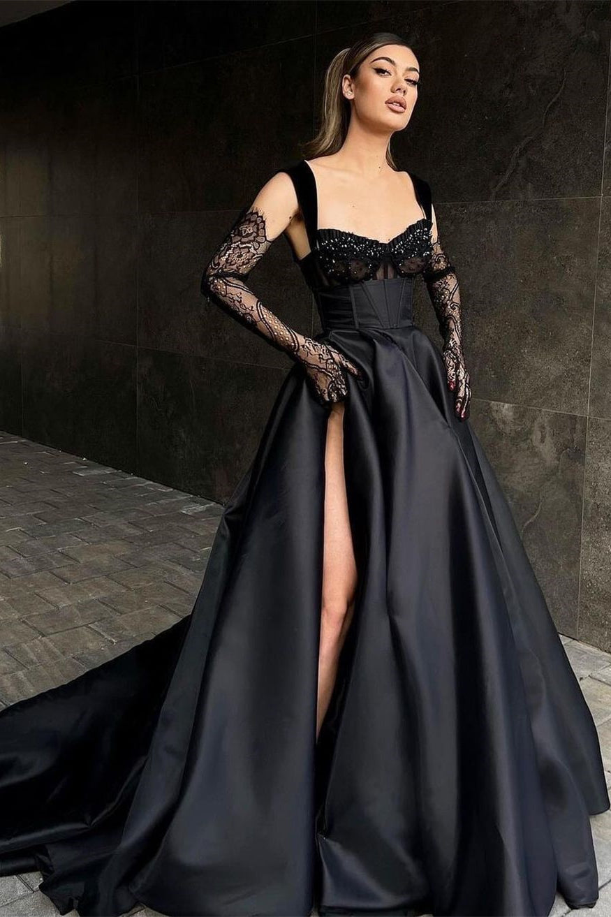 Vestido de fiesta largo negro de diseño, sin mangas, de encaje, corte A y con abertura
