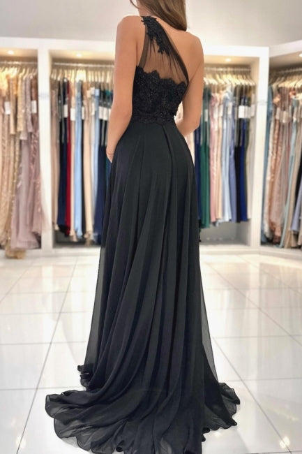 Vestidos de noche negros largos de diseñador, vestidos de fiesta de encaje de un solo hombro con abertura