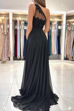 Vestidos de noche negros largos de diseñador, vestidos de fiesta de encaje de un solo hombro con abertura