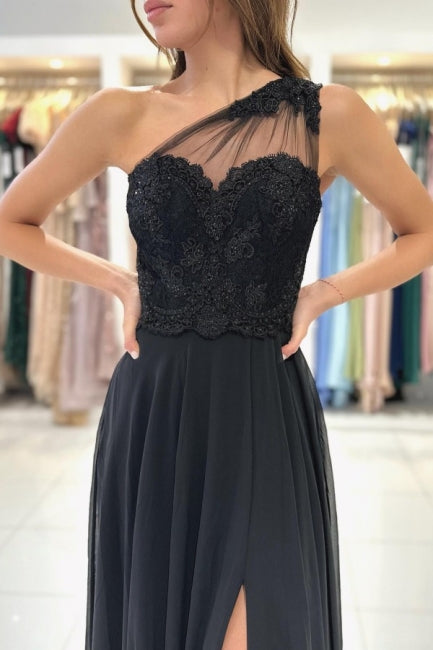 Vestidos de noche negros largos de diseñador, vestidos de fiesta de encaje de un solo hombro con abertura