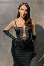 Vestido de fiesta largo de sirena con tirantes finos negros, sin mangas y cuentas, de diseñador