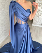 Vestido de fiesta largo azul de diseñador con corte en A, un hombro sin mangas